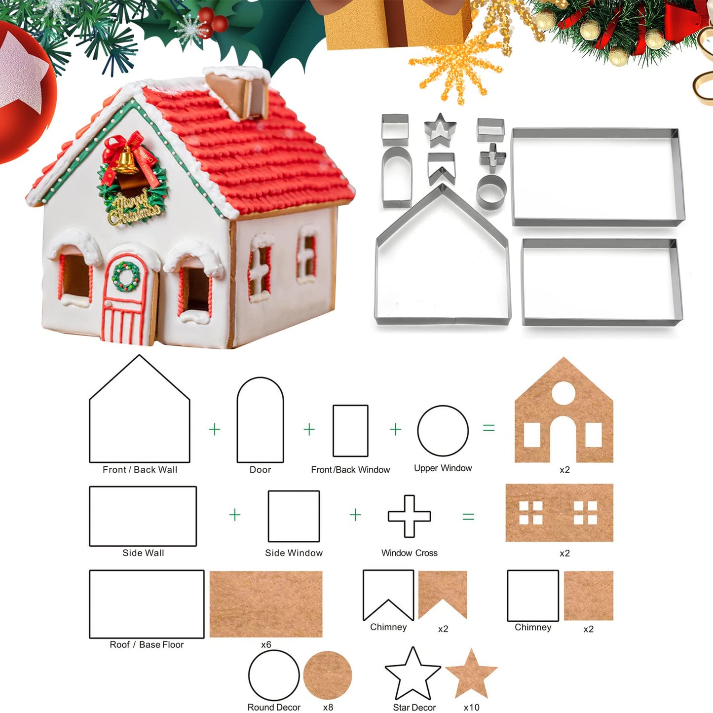Gingerbread House Cookie Cutters, Christmas House Cookie Cutter Gingerbread Cookie Cutter Kit Set for Adult, 3D Stainless Steel Chocolate Cake Biscuit Pastry Baking Mold DIY Tool for Holiday Gift