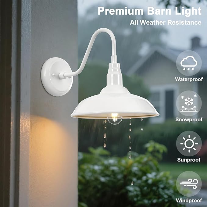 10'' Diameter Outdoor Gooseneck Barn Light Fixture with Wall Mount, White Exterior Waterproof Porch Barn Door Wall Lantern, Farmhouse Outdoor Wall Sconce, 1 Pack, LM2201-WH