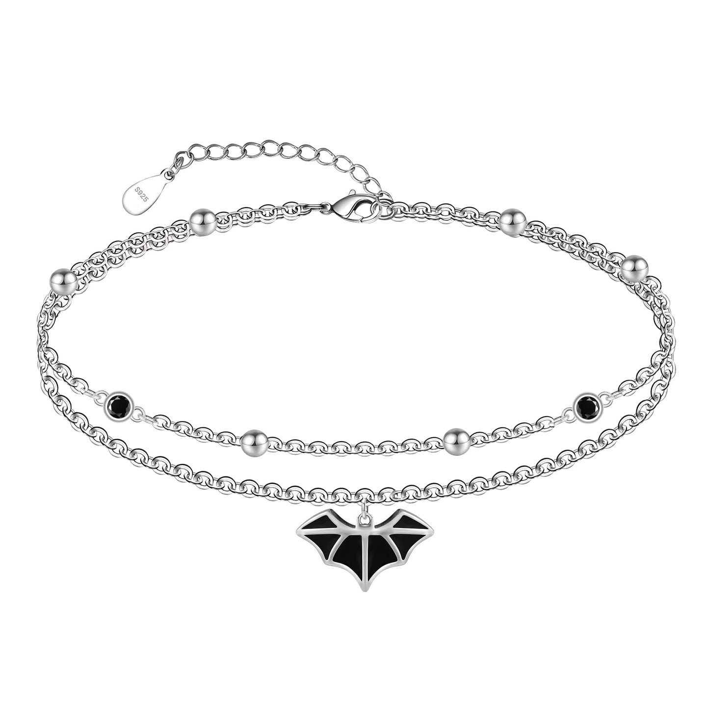 Bats Anklet 925 Sterling Silver Blacks Bats Ankle Bracelet for Women Dainty Boho Bats Chains Adjustable Beach Bats Black Zircon Anklet Layered Anklet Jewelry 11 Inches