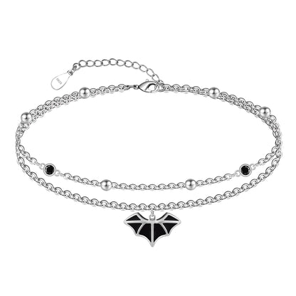 Bats Anklet 925 Sterling Silver Blacks Bats Ankle Bracelet for Women Dainty Boho Bats Chains Adjustable Beach Bats Black Zircon Anklet Layered Anklet Jewelry 11 Inches
