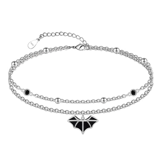Bats Anklet 925 Sterling Silver Blacks Bats Ankle Bracelet for Women Dainty Boho Bats Chains Adjustable Beach Bats Black Zircon Anklet Layered Anklet Jewelry 11 Inches