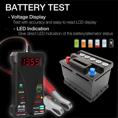 MOTOPOWER MP0514A 12V Digital Car Battery Tester Voltmeter and Charging System Analyzer with LCD Display and LED Indication - Black Rubber Paint