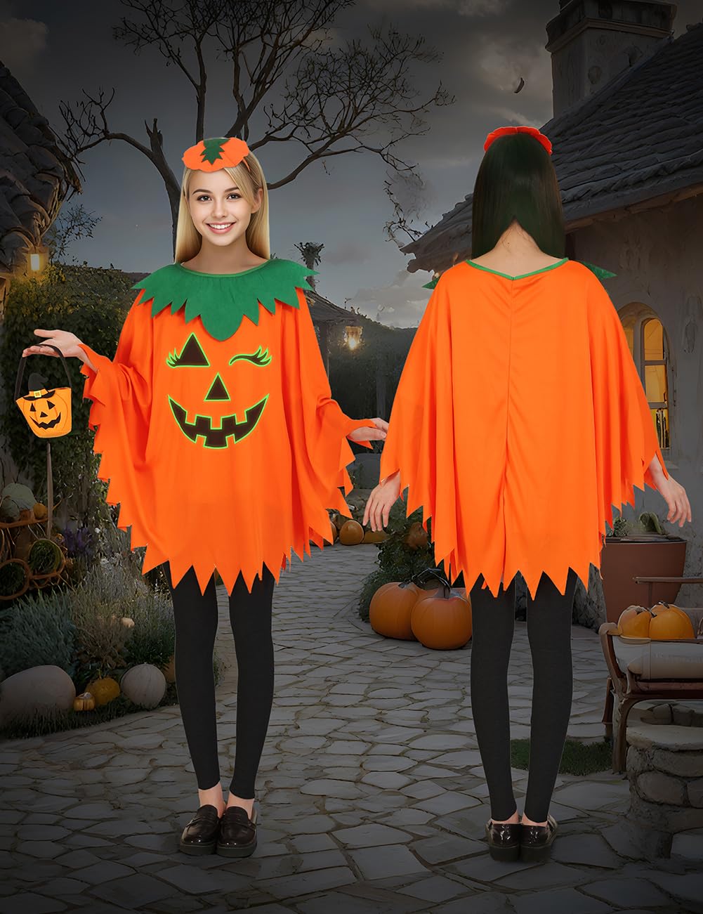 qqpouc Pumpkin Costume for Women Kids，Glow in the Dark Adult Halloween Pumpkin Poncho/Headband/Candy Bags