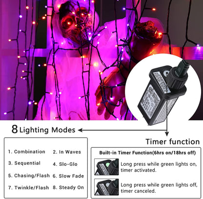 Orange and Purple Halloween Lights, 114ft 300 LED Connectable Halloween String Lights with 8 Modes, Waterproof Plug in Orange Purple Fairy Light for Party, Garden, Indoor Outdoor Spooky Decorations