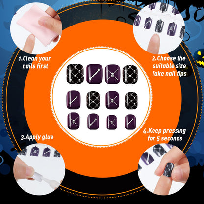 384 Pcs 16 Pack Halloween Press on Nails Halloween Short Fake Square False Nails Plastic Artificial Nail Tips Full Cover Coffin with Ghost Pumpkin Spider Pattern for Women(Fresh Pattern)