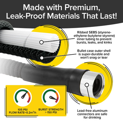 Pocket Hose Silver Bullet 100 ft Turbo Shot Nozzle Multiple Spray Patterns Expandable Garden Hose 3/4 in Solid Aluminum Fittings Lead-Free Lightweight and No-Kink, Black