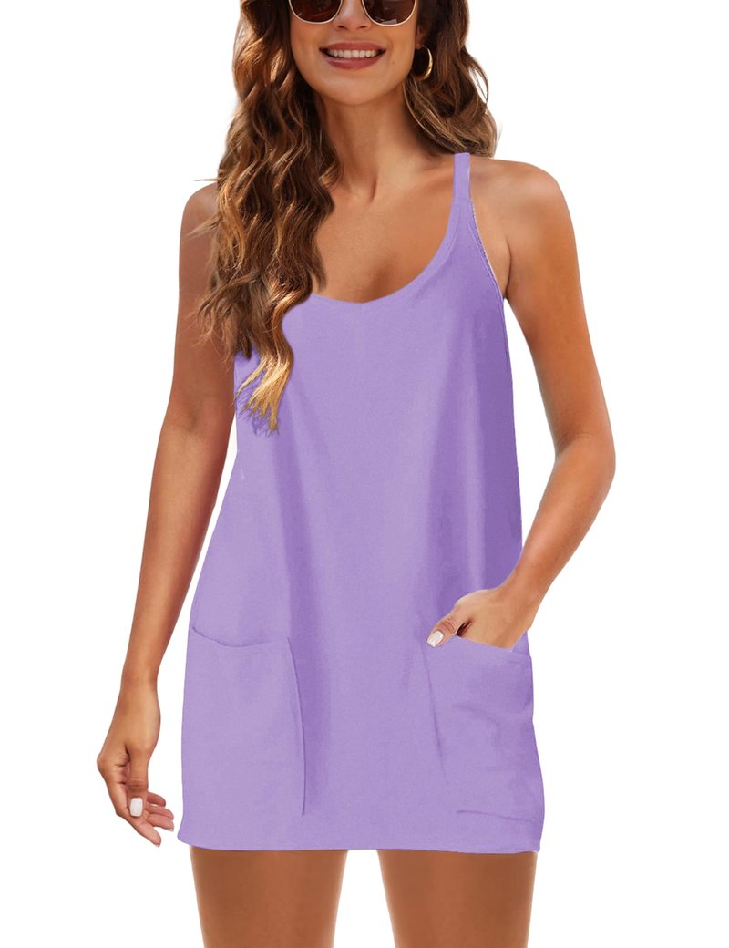 Lentta Womens Athletic Sleeveless Mini Dress with Built-in Shorts V Neck Spaghetti Strap Sundress(Purple-XXL)