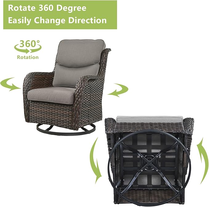 Rilyson Wicker Rocking Chair Swivel Chairs - 3 Piece Rocker Patio Furniture Set Rattan Rocking Bistro Sets with Glass Top Side Table for Outdoor Porch Deck Garden Backyard (Brown/Grey/Smile)