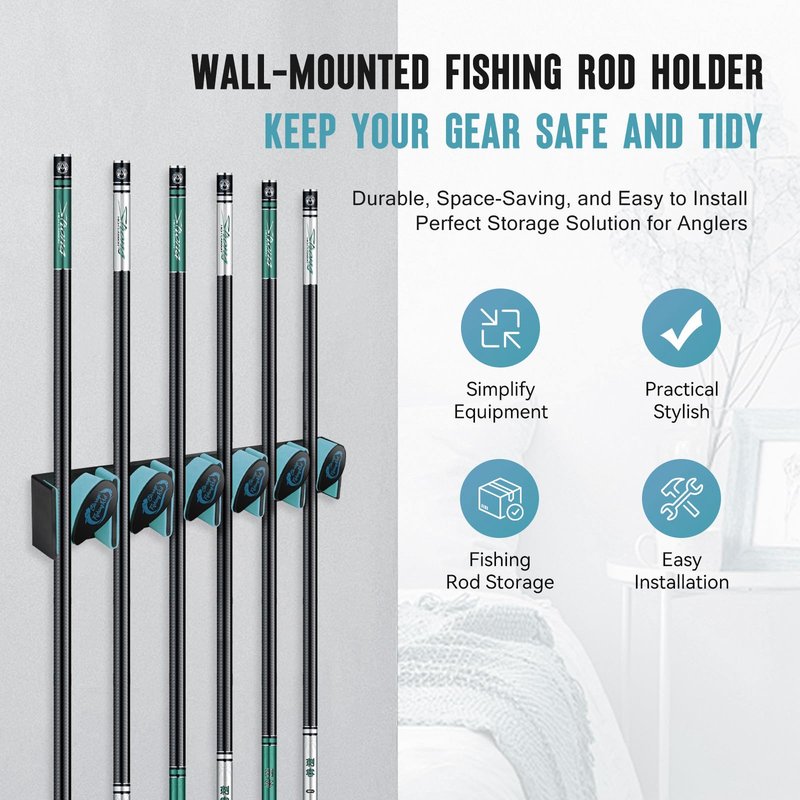 Tcakelox Vertical Fishing Rod Holder, Wall Mounted Fishing Rod Holder, Fishing Pole Rack Holds Up to 6 Rods or Combos, Fishing Rod Holders for Garage, Fits Most Rods of Diameter 3-19mm (1, Blue)