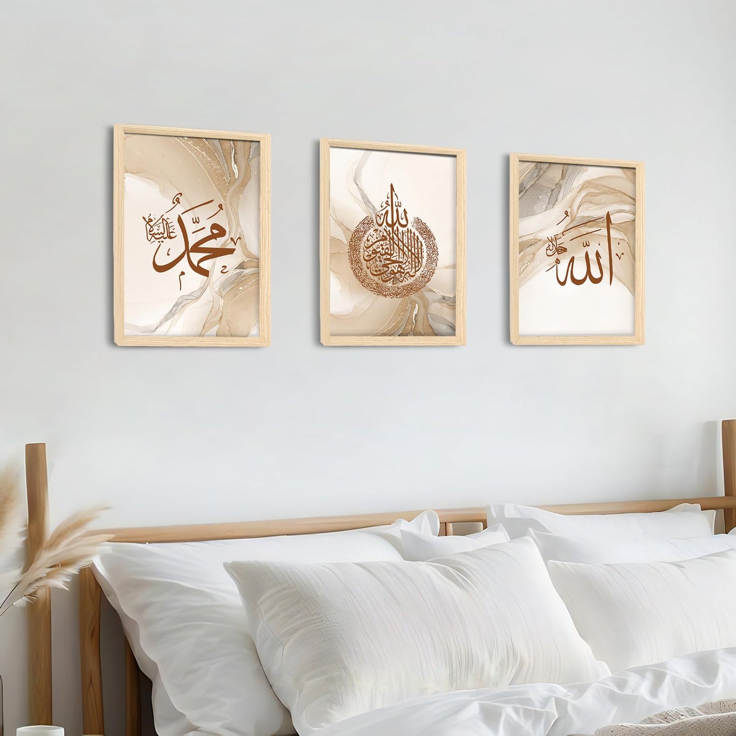 3 Pcs Framed Canvas Wall Art Gray Beige Marble Canvas Prints Muslim Arabic Islamic Calligraphy Ayat Al Kursi Pictures for Living Room Bedroom Hallway Wall Decor 90x40cm(12"x16"x3pcs) (No Plexiglass)