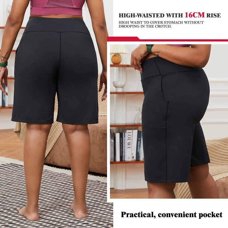 YOHOYOHA Plus Size Women's Bermuda Yoga Shorts - Workout Running Athletic Bike Gym Shorts Long High Waist XL