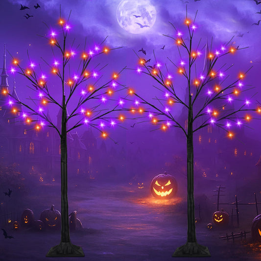 2-Pack 4FT Lighted Black Halloween Tree with 96 LED Orange & Purple Lights (Higher Size & Floor Standing), Halloween Decorations Spooky Tree for Indoor & Outdoor, Home Holiday Party Garden Lawns Decor