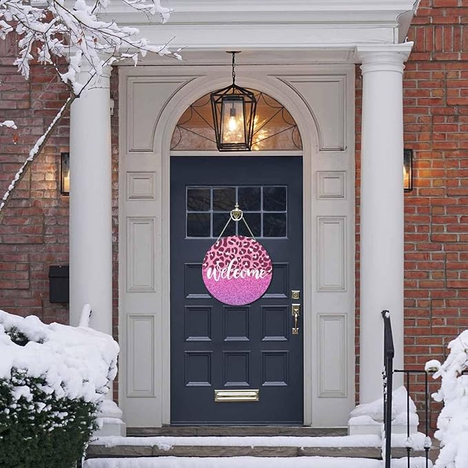 Welcome Sign Rustic Round Sign Front Door Wreaths Pink Leopard Print for Outdoor Indoor Wall Hanging Decorations 12x12in