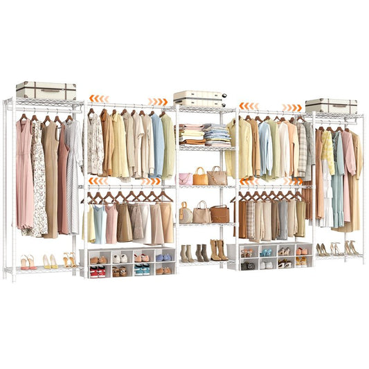 ONBRILL E5 Expandable Heavy Duty Garment Rack, Freestanding Closet Organizer System with 9 Wire Shelves & 6 Hanging Rods, Modular Metal Pipe Clothing Rack, Max Load 1350LBS, Portable Closet, White