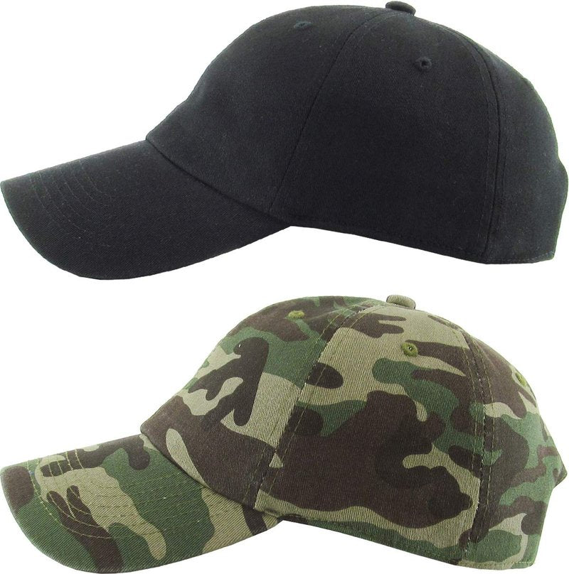 KBETHOS Classic Cotton Dad Hat Bundle Adjustable Unconstructed Plain Cap (One Size, Black + Camo (2 Pack))