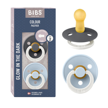 BIBS Colour Glow Soother 2-Pack, Glow in The Dark BPA Free Dummy Pacifier, Round Nipple. Natural Rubber Latex, Size 2 (6-18 Months), Iron Night/Baby Blue Night