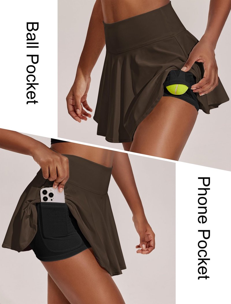 PINSPARK Tennis Skorts for Woman High Waisted Athletic Skirt with Shorts Underneath Pleated Pickleball Skirts, Espresso Brown Large