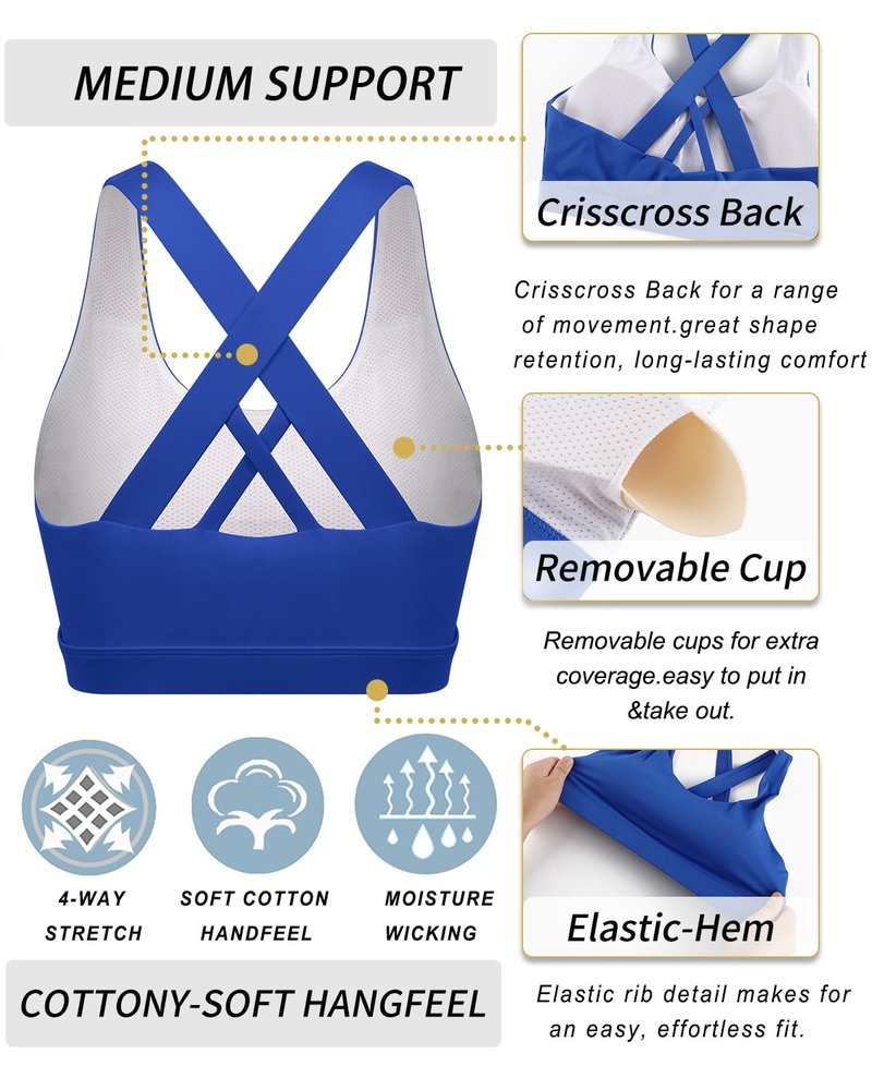 RUNNING GIRL Sports Bra for Women, Criss-Cross Back Padded Strappy Sports Bras Medium Support Yoga Bra with Removable Cups(2353 Bright Blue_3XL)