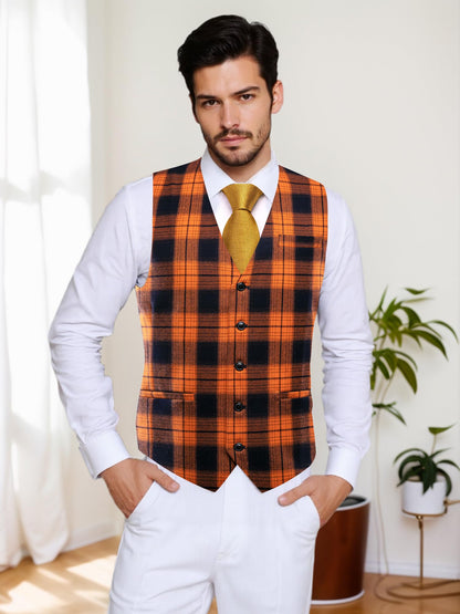 Hi-Tie Orange Black Halloween Suit Vest Mens Slim Fit Plaid Waistcoat 3 Pockets Formal Casual Tuxedo for All Saints' Day