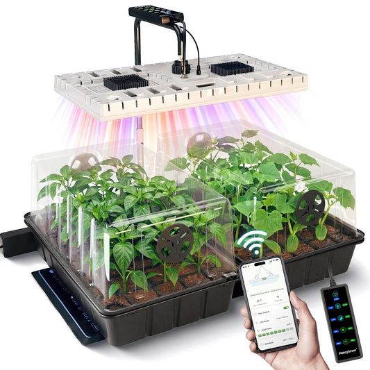 MetryGrow 48W Full Spectrum LED Grow Light Seed Starter Kit, 80-Cell Tray with 30W Heating Mat & Adjustable Dome, Waterproof Germination System for Healthy Indoor Seedlings