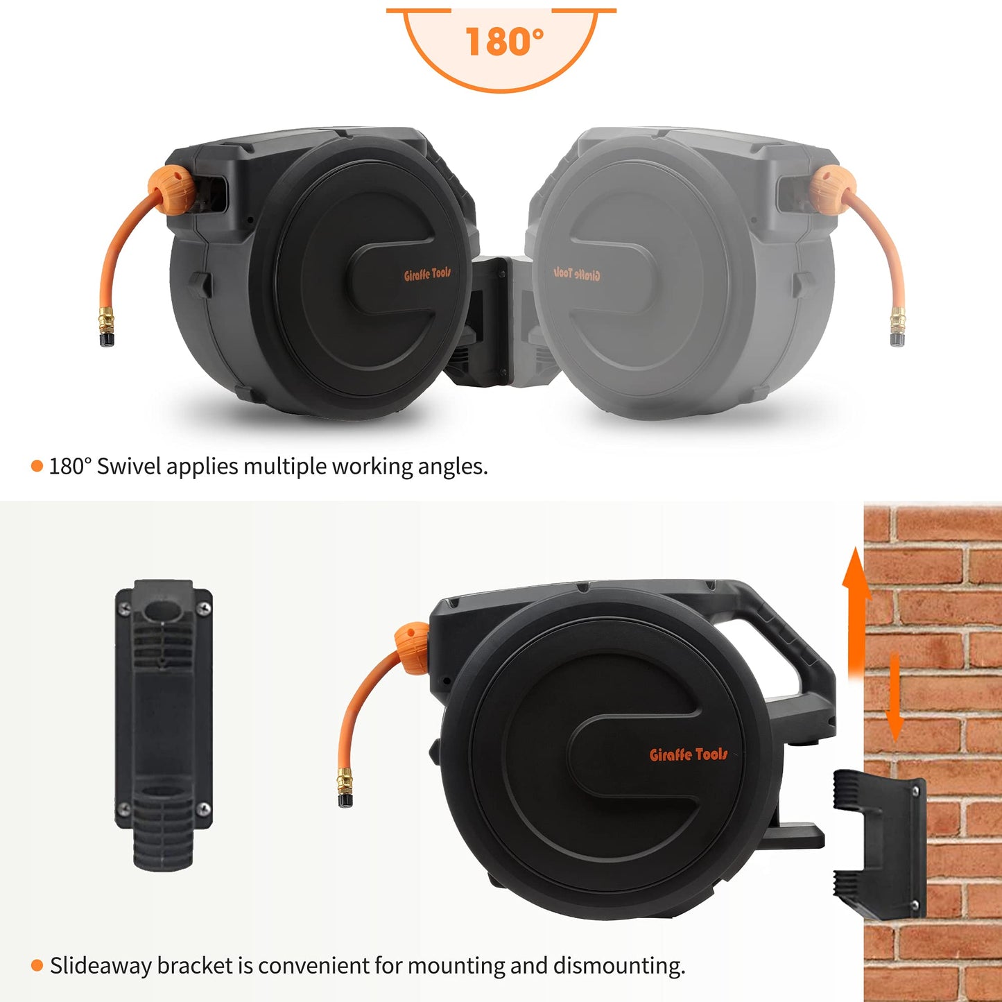 Giraffe Tools Retractable Air Hose Reel Enclosed with 3/8 in. x 50 ft Hybrid Hose, Lightweight Compressor Hose Reel Wall Mounted with 180° Swivel Bracket, 300 PSI