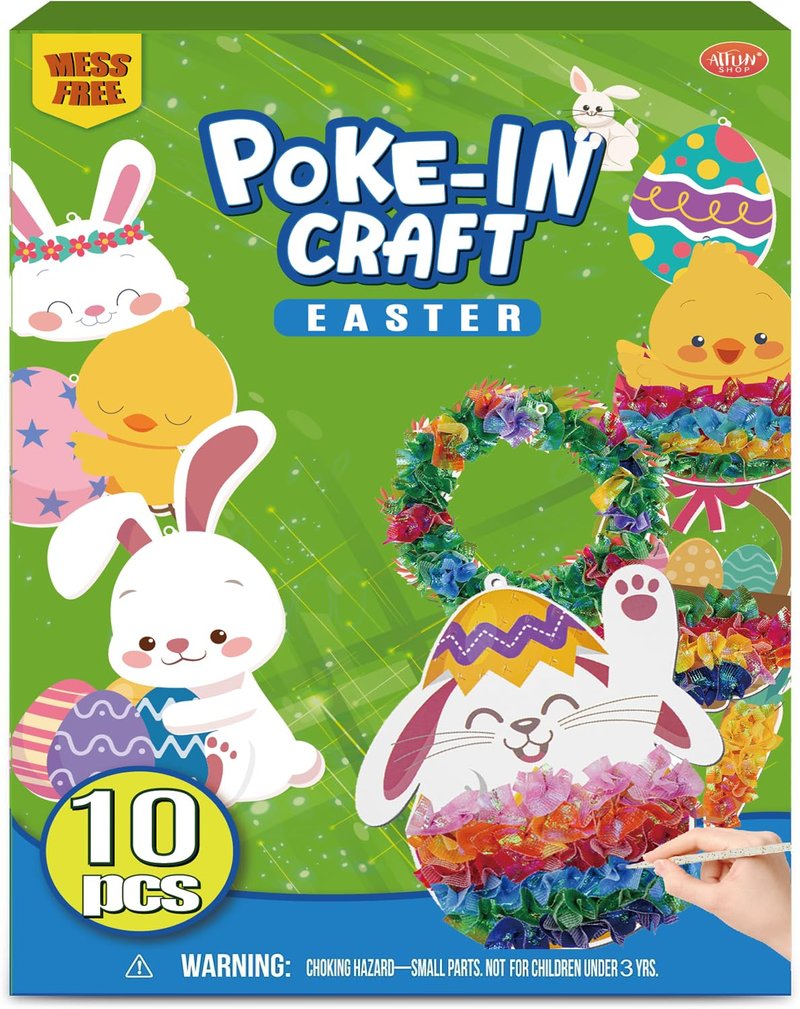 ATFUNSHOP 10 Packs Poke in Crafts Art Easter Basket Stuffers, Mess Free Kids Paper Activites, Easter Gifts for Boys and Girls 4 5 6 7 8 9 Years Old, DIY Eggs & Bunny Toys