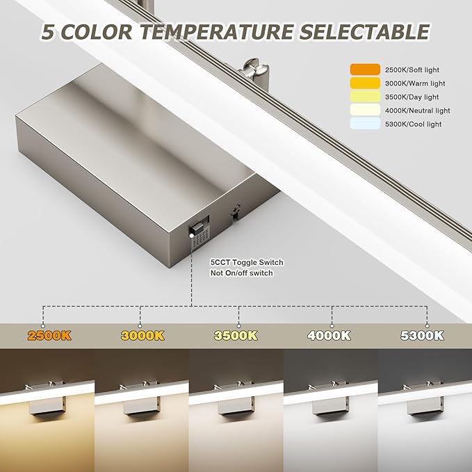 Brushed Nickel Vanity Light, 15.7” Dimmable LED Bathroom Light Bar with 5CCT, Adjustable Angle – Modern Wall Lighting for Bathroom, Powder Room, Bedroom, Apartment, Hotel