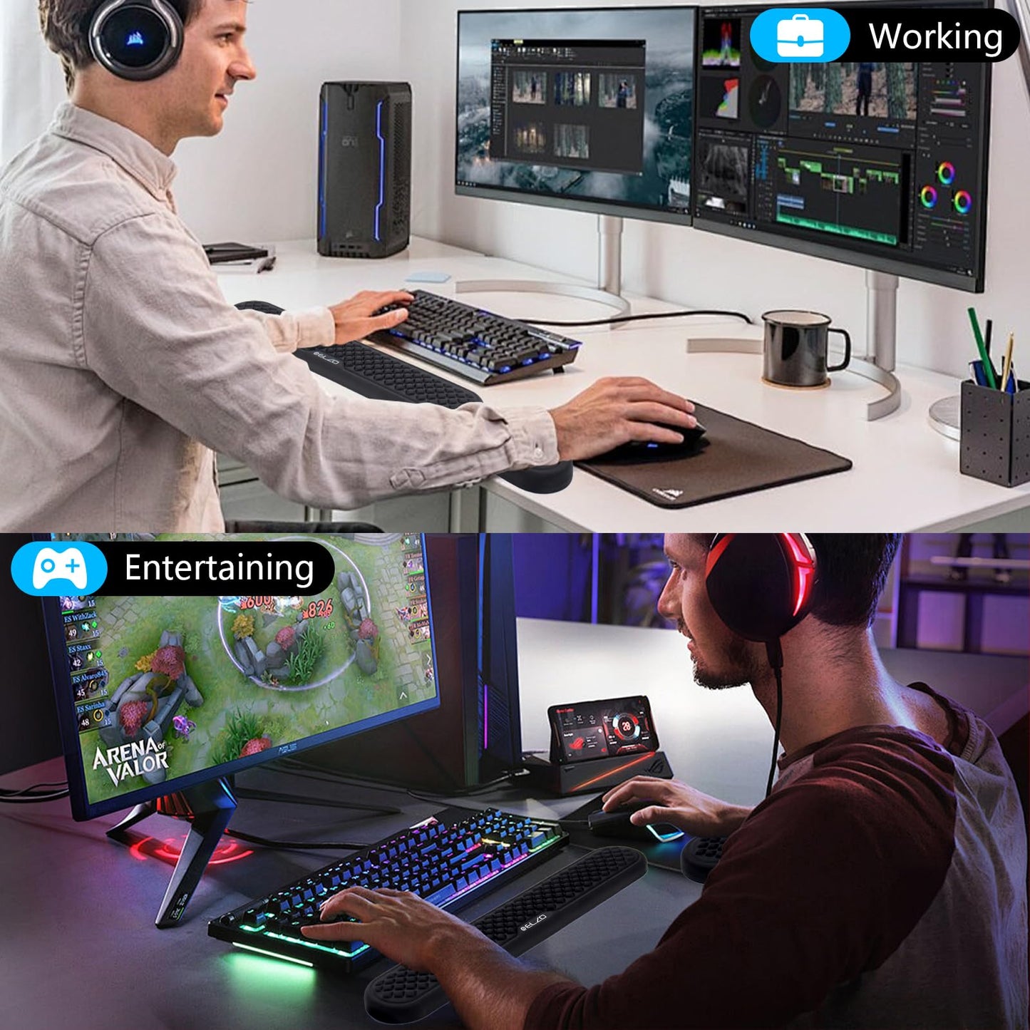 ELZO Wrist Rest for Keyboard and Mouse, Soft Memory Foam Wrist Support, Computer Ergonomic Wrist Support Pad, Non-Slip Wrist Rest for Computer Keyboard, Made Easy Typing & Relieve Wrist Pain(Black)