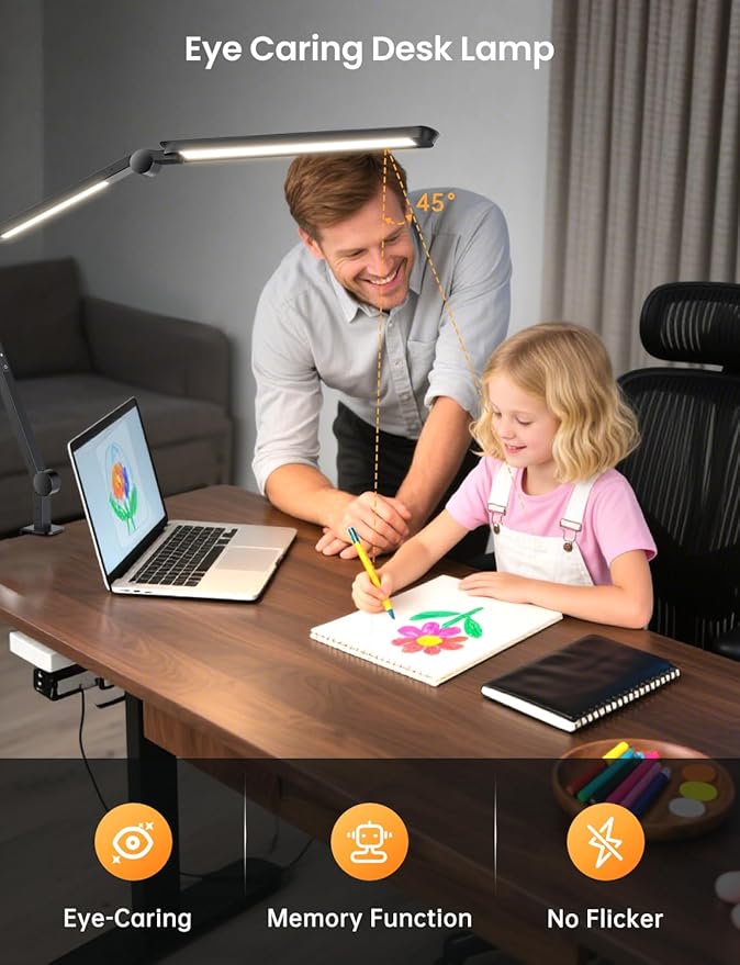 LED Desk Lamp with Clamp, Clip-on Architect Desk Lamp with Dual Light Source for Home Office, Adjustable Swing Arm Table Light, with Remote, 4 Color Mode & Brightness, For Crafting Sewing Reading