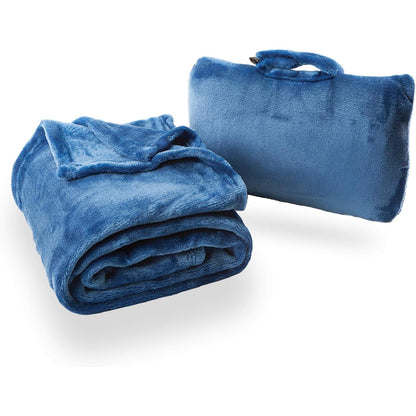 Cabeau Fold ‘N Go Travel Blanket Doubles as Neck Support Pillow, Versatile Lumbar Support Cushion, with Compact Travel Case - French Microfiber (Blue)