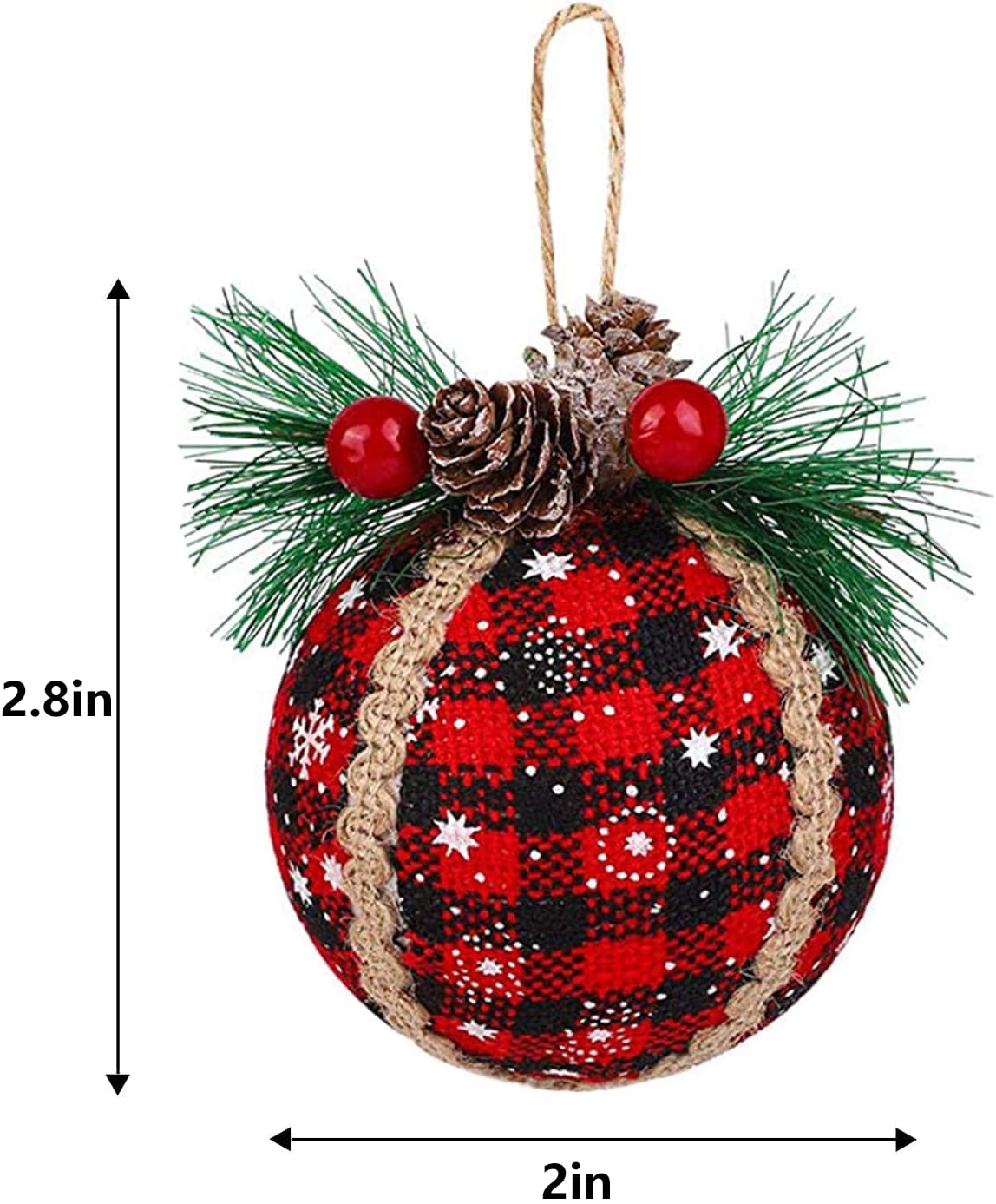 Iceyyyy 6PCS Christmas Plaid Ball Ornaments - 2 Inch Black & Red Buffalo Plaid Fabric Ball Ornaments with Pine Cones and Greenery, Plaid Christmas Tree Hanging Ball Ornaments Festive Decoration