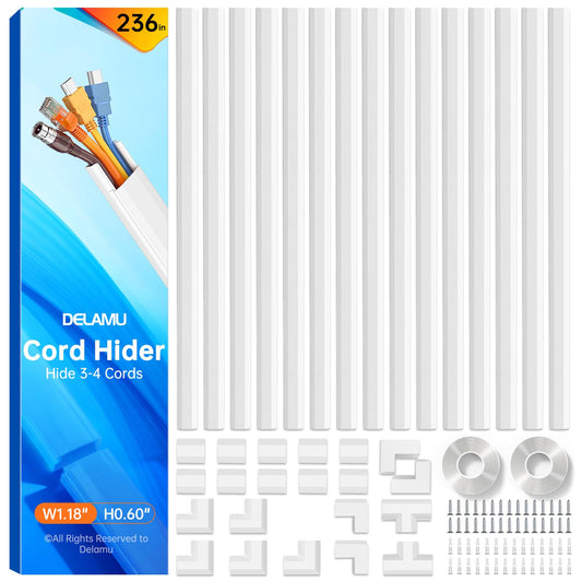 Delamu Cord Hider, 236in Cord Covers for 3-4 Wires on Wall, Cable Hider Wire Covers for Cords, Wire Hiders for TV on Wall, TV Cord Hider for Wall Mounted TV, 15x L15.7 W1.18 H0.6in, White