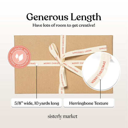 Sisterly Market - Custom Herringbone Cotton Ribbon, Natural 5/8 Inch Gift Ribbon with Merry Christmas Printed Phrase, 10 Yards