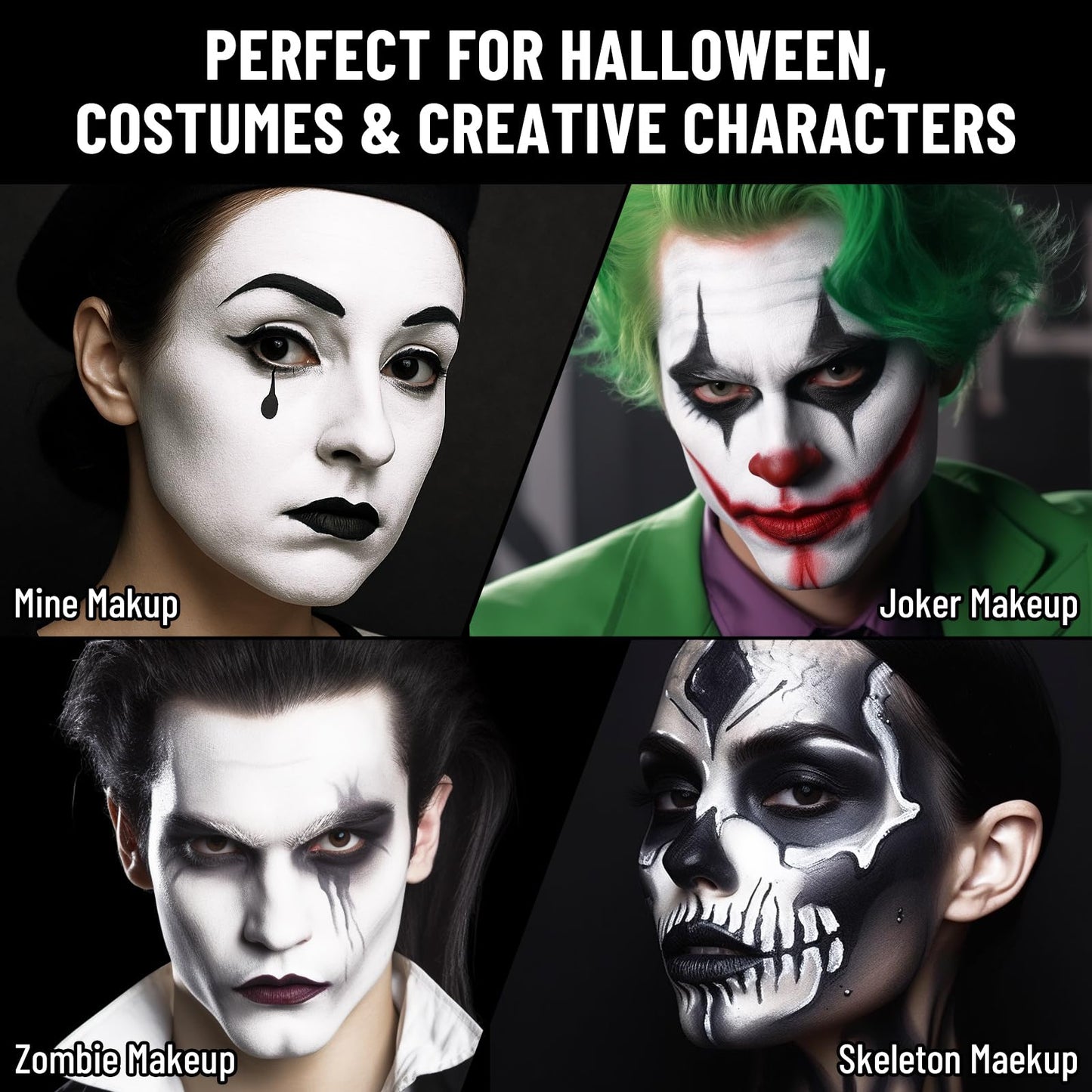 BOBISUKA Black & White Face Body Paint + Setting Powder + 3PCS Artist Brushes Face Painting Kit for Adult Large Capacity Professional Oil Based Cream Paints Palette For Halloween Clown Skeleton Vampir