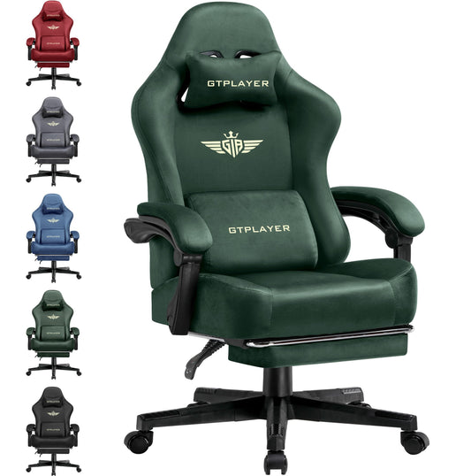 GTPLAYER Gaming Chair Fabric with Pocket Spring Cushion, Big and Tall Gamings Chairs 350LBS High Back Computer Chair with Footrest for Adults Lumbar Support Swivel Game Chair for Office Gaming Green