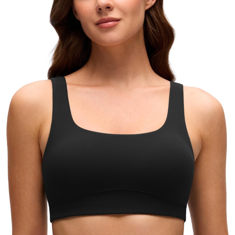 CRZ YOGA Butterluxe Scoop Neck Sports Bras for Women - U Back Padded Wide Strap Wireless Yoga Top Black Medium