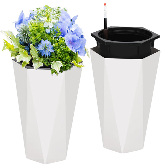 GarveeLife 22.5 in Tall Diamond Planters Set of 2, Self Watering Planters with Water Level Monitor, Flower Pots Outdoor and Indoor for Patio, Porch, Living Room, Home Office, White