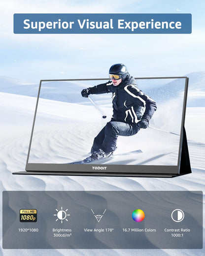 Yodoit Portable Monitor, 15.6" 1920×1080P FHD Screen IPS Display, USB-C & HDMI Connectivity, Built-in Speakers and Smart Cover, for Laptop/PC/Mac/PS3/4/5/Xbox