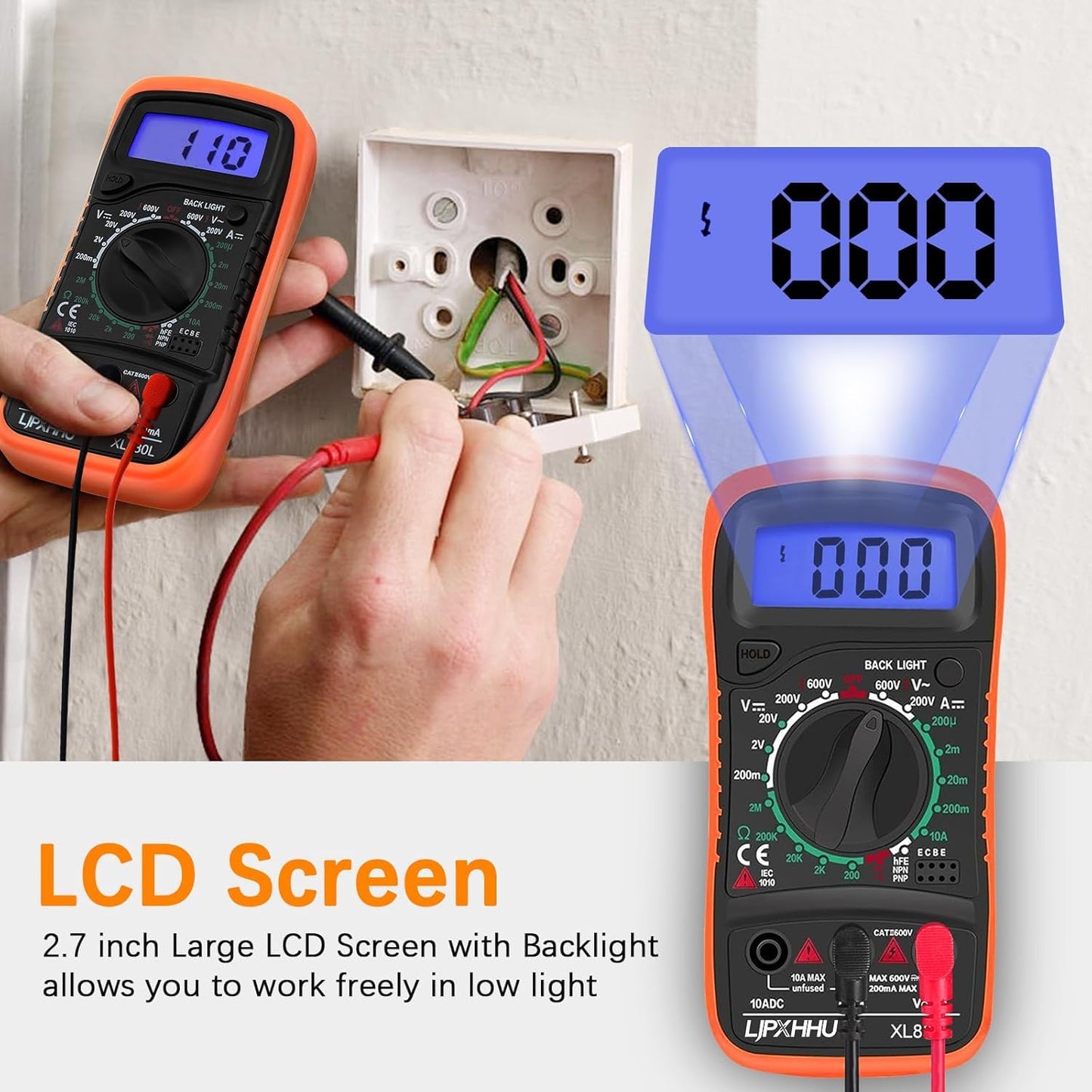 Digital Multimeter Voltmeter Battery Voltage Multi Tester Continuity Ohm Volt Amp DC AC Current Resistance Diodes 2000 Counts Electrical Test Meter with Leads Backlight LCD Display