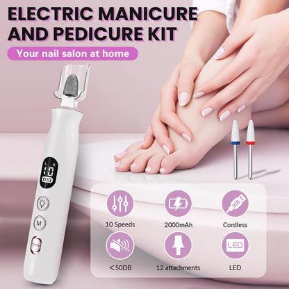 Electric Nail Drill, Cordless 2000 mAh Rechargeable Portable Nail File 12 in 1 Kit for Thick Toenails, 10 Speeds Nail Dril Machine Professional Manicure Pedicure for Hand Natural Nails Care (White)