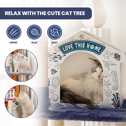 HYABi 43.5-Inch Novelty House Seagull Buoy Collapsible Cat Tree Tower Condo Bed Furniture Plush Ball Toy Fish Platforms Multi-Level with Scratching Posts Play for Indoor Cats