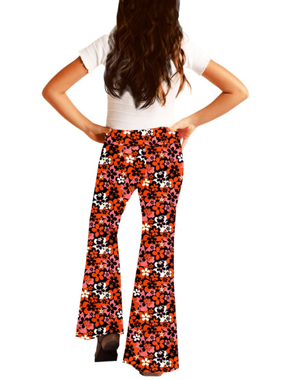 Deerose 70s Hippie Bell Bottom Girls Halloween Black Red Floral Flare Pants Party Palazzo Trouser 9-10 Years
