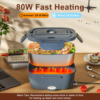 Akhia 80W Fast Electric Lunch Box for Adults 1.5L Portable Heated Lunch Box with 12V/24V/110V Includes Stainless Steel Container, Fork & Spoon & Insulated Bag (Ideal for Car/Truck/Office Use)