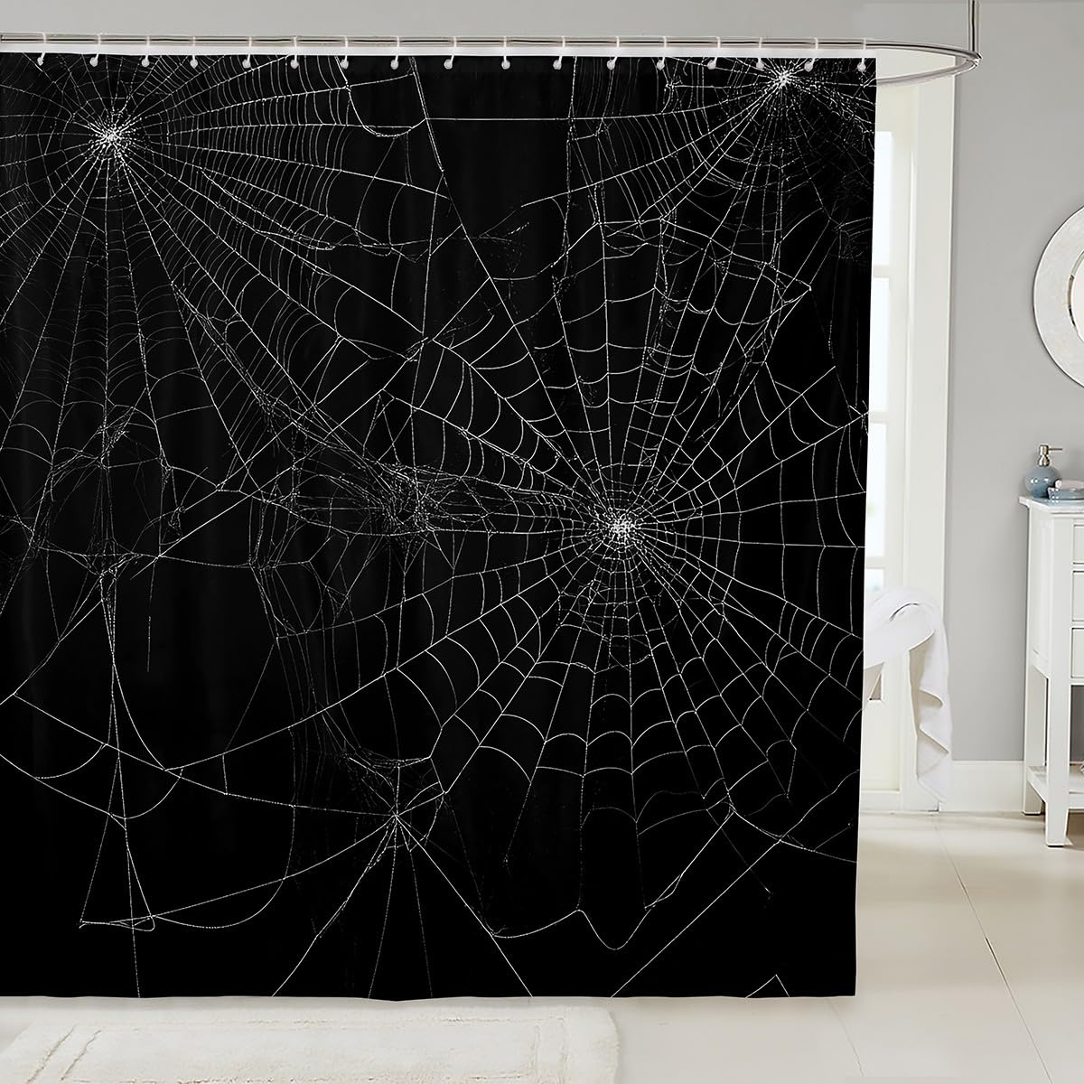Feelyou Spider Web Bath Curtain Halloween Theme Spider Print Shower Curtain Black White Decor Bathroom Curtain Set Polyester Trick or Treat Waterproof Shower Curtains 72"x72"