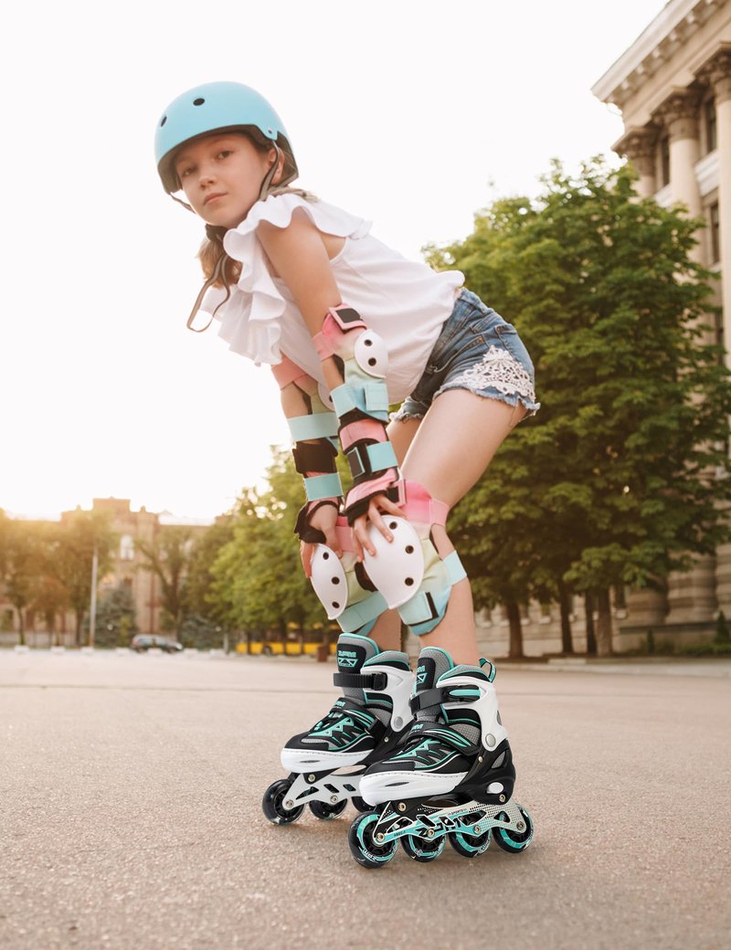 2PM SPORTS Cytia Pink Girls Adjustable Illuminating Inline Skates with Light up Wheels, Fun Flashing Beginner Roller Skates for Kids (Mint, Medium - Big Kid (13C-3 US))