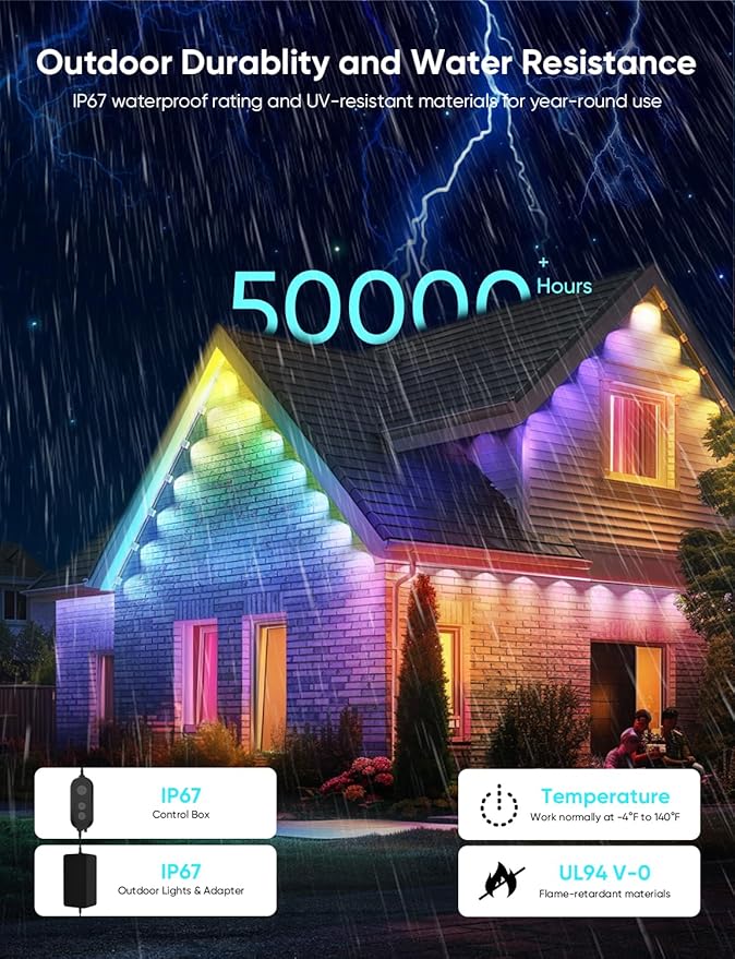 APPECK Permanent Outdoor Lights Pro 150ft, 108W RGBCW Eaves Light with 108 LED Lights, 80lm, Cuttable, 111 Scene Modes, IP67 Waterproof Lighting for Halloween Decoration, Work with Alexa, Black