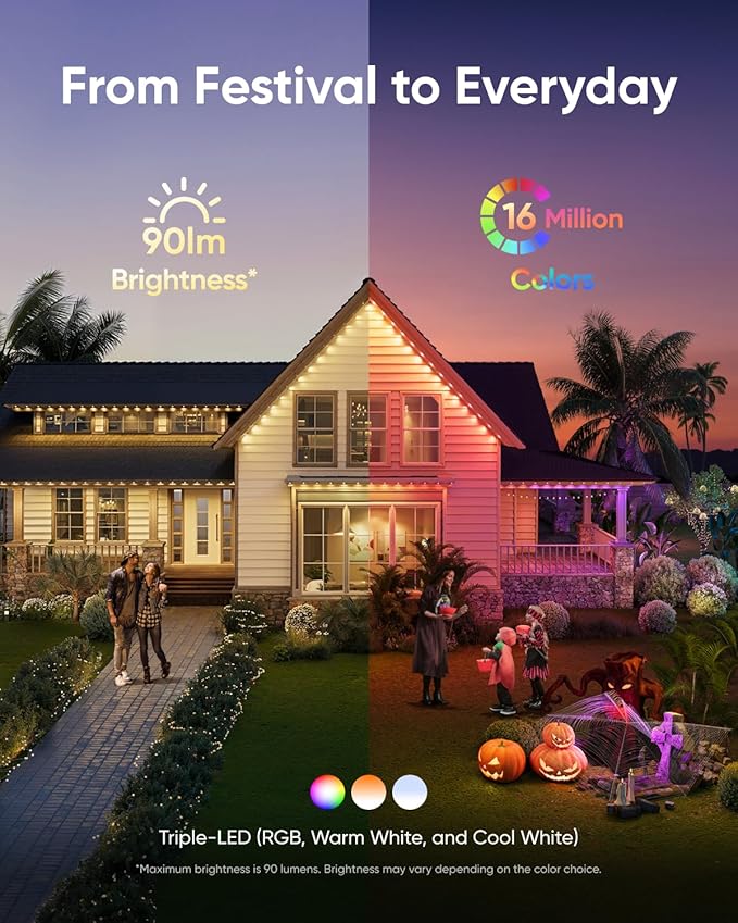 eufy Permanent Outdoor Lights E22, 50ft with 30 Triple-LED Lights, Smart RGBWW, Daily and Holiday, Up to IP67 Waterproof, AI Lighting Themes for Halloween, Christmas, Black