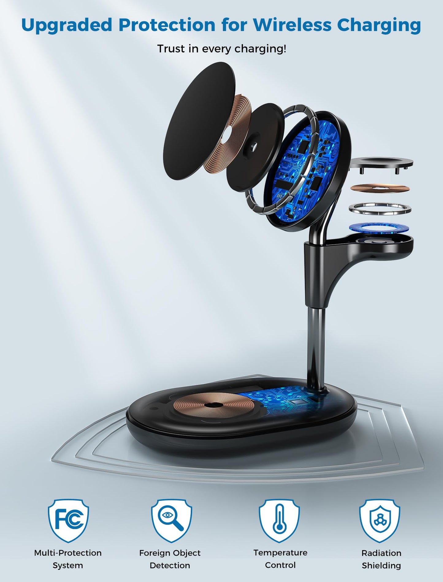 Hevanto 3 in 1 Wireless Charging Station for Apple MagSafe Charger, 15W Fast Qi-Certified Magnetic Mag-Safe Charger Stand for iPhone 16 15 14 13 12 Apple Watch AirPods, Adjustable Angle,Gifts for Men