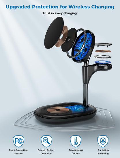 Hevanto 3 in 1 Wireless Charging Station for Apple MagSafe Charger, 15W Fast Qi-Certified Magnetic Mag-Safe Charger Stand for iPhone 16 15 14 13 12 Apple Watch AirPods, Adjustable Angle,Gifts for Men