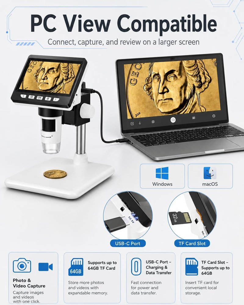 Digital Coin Microscope 1000X, 4.3" LCD Coin Magnifier with Screen for Error Coins, 1080P USB Microscope with 8 Adjustable LED Lights, Photo & Video, Built-in Storage, Compatible with Windows/MacOS